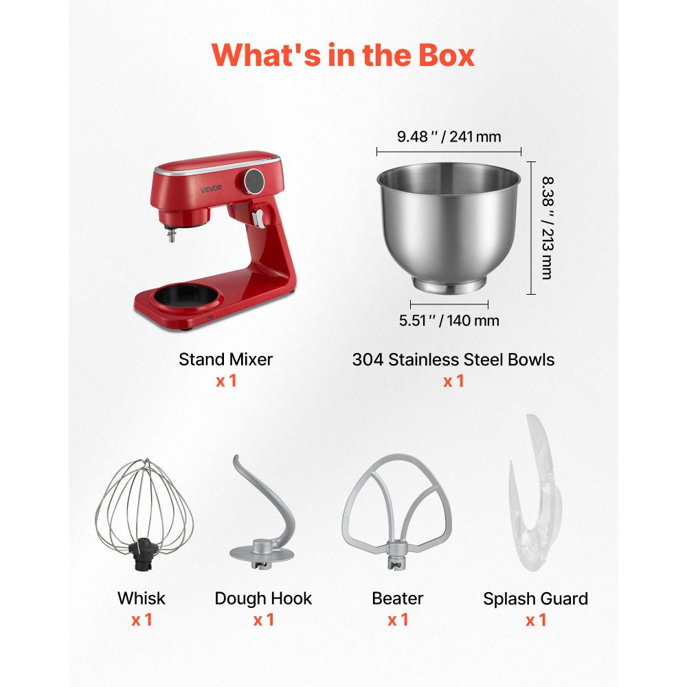 VEVOR Stand Mixer, 7.8 QT Electric Kitchen Mixer, 800W Dough-Mixer, 10 Speeds Tilt-head Food-Mixer with Stainless Steel Bowl, Dough Hook, Whisk, Beater, for Baking, Mixing, Whipping & Kneading, Red