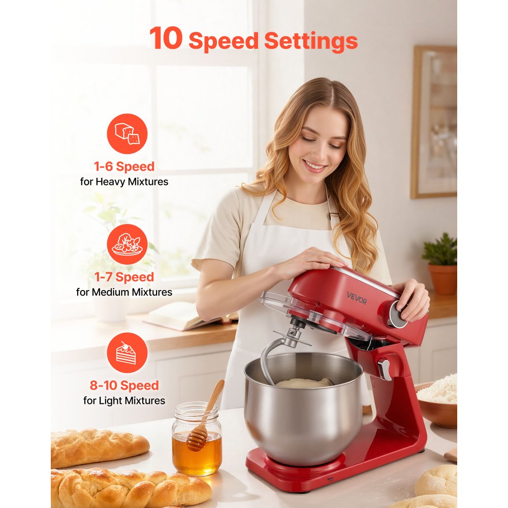 VEVOR Stand Mixer, 7.8 QT Electric Kitchen Mixer, 800W Dough-Mixer, 10 Speeds Tilt-head Food-Mixer with Stainless Steel Bowl, Dough Hook, Whisk, Beater, for Baking, Mixing, Whipping & Kneading, Red