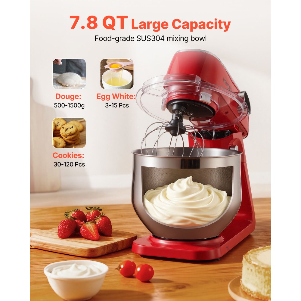VEVOR Stand Mixer, 7.8 QT Electric Kitchen Mixer, 800W Dough-Mixer, 10 Speeds Tilt-head Food-Mixer with Stainless Steel Bowl, Dough Hook, Whisk, Beater, for Baking, Mixing, Whipping & Kneading, Red