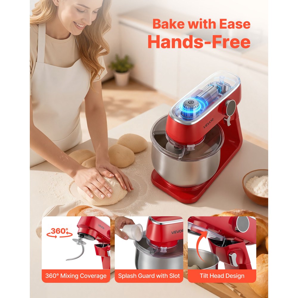 VEVOR Stand Mixer, 7.8 QT Electric Kitchen Mixer, 800W Dough-Mixer, 10 Speeds Tilt-head Food-Mixer with Stainless Steel Bowl, Dough Hook, Whisk, Beater, for Baking, Mixing, Whipping & Kneading, Red