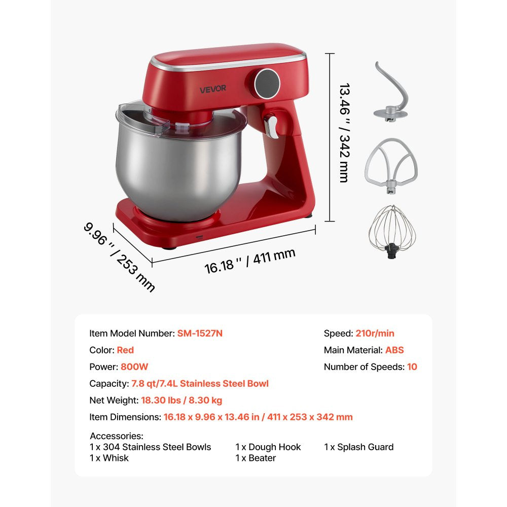 VEVOR Stand Mixer, 7.8 QT Electric Kitchen Mixer, 800W Dough-Mixer, 10 Speeds Tilt-head Food-Mixer with Stainless Steel Bowl, Dough Hook, Whisk, Beater, for Baking, Mixing, Whipping & Kneading, Red