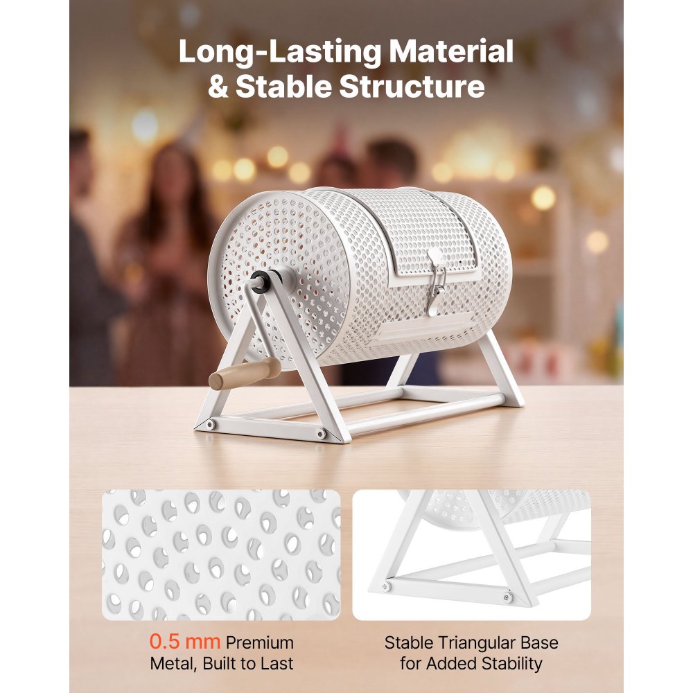 VEVOR Raffle Ticket Spinner, 11.6" x 6.6" Holds 2500 Tickets or 100 Ping Pong Balls, Raffle Drum Lottery Spinning Cage with Reinforced Handle, Stable Triangular Stand, for Events and Gatherings, White
