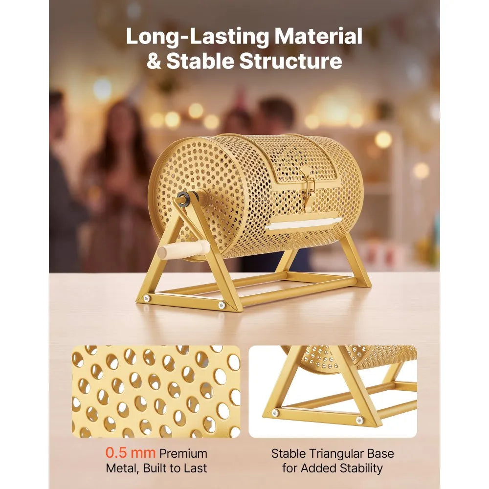 VEVOR Raffle Ticket Spinner, 11.6" x 6.6" Holds 2500 Tickets or 100 Ping Pong Balls, Raffle Drum Lottery Spinning Cage with Reinforced Handle, Stable Triangular Stand, for Events and Gatherings, Gold