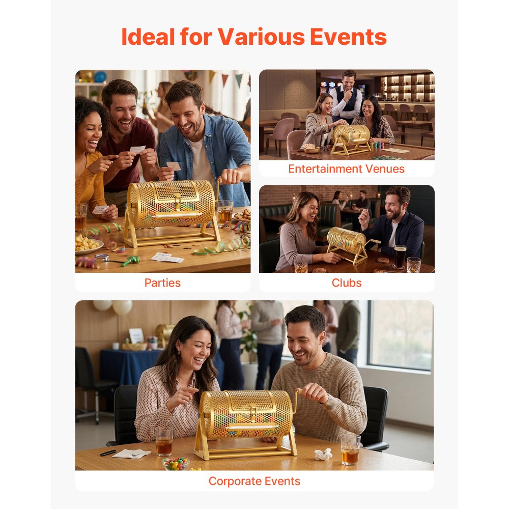 VEVOR Raffle Ticket Spinner, 11.6" x 6.6" Holds 2500 Tickets or 100 Ping Pong Balls, Raffle Drum Lottery Spinning Cage with Reinforced Handle, Stable Triangular Stand, for Events and Gatherings, Gold