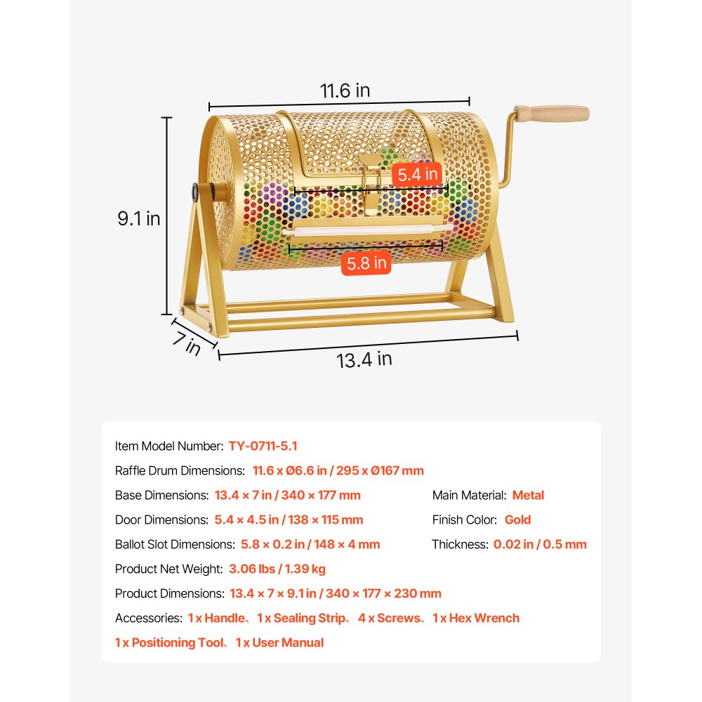 VEVOR Raffle Ticket Spinner, 11.6" x 6.6" Holds 2500 Tickets or 100 Ping Pong Balls, Raffle Drum Lottery Spinning Cage with Reinforced Handle, Stable Triangular Stand, for Events and Gatherings, Gold