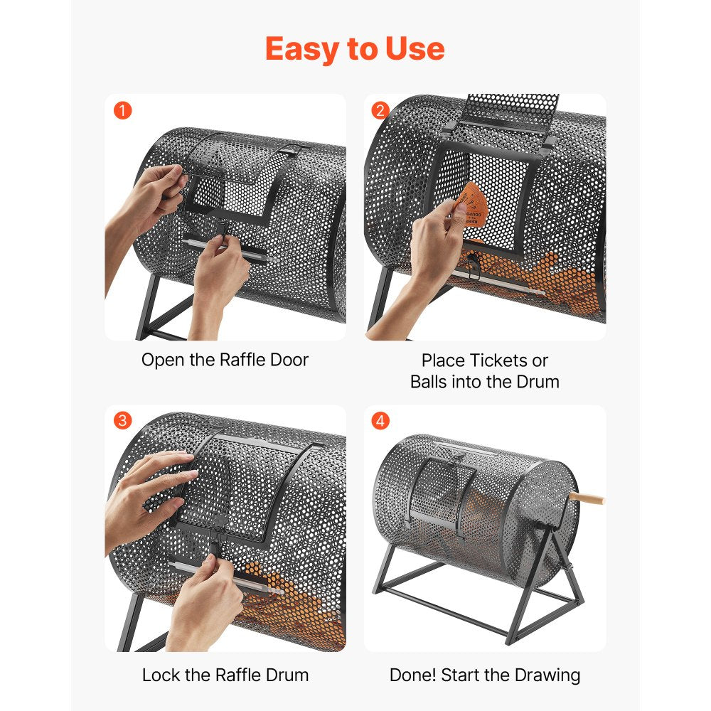 VEVOR Raffle Ticket Spinner, 16.1" x 11.9" Holds 5000 Tickets or 200 Ping Pong Balls, Raffle Drum Lottery Spinning Cage with Reinforced Handle, Stable Triangular Stand, for Events, Gatherings, Black