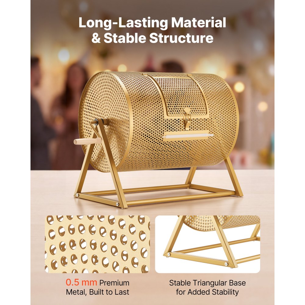 VEVOR Raffle Ticket Spinner, 16.1" x 11.9" Holds 5000 Tickets or 200 Ping Pong Balls, Raffle Drum Lottery Spinning Cage with Reinforced Handle, Stable Triangular Stand, for Events and Gatherings, Gold