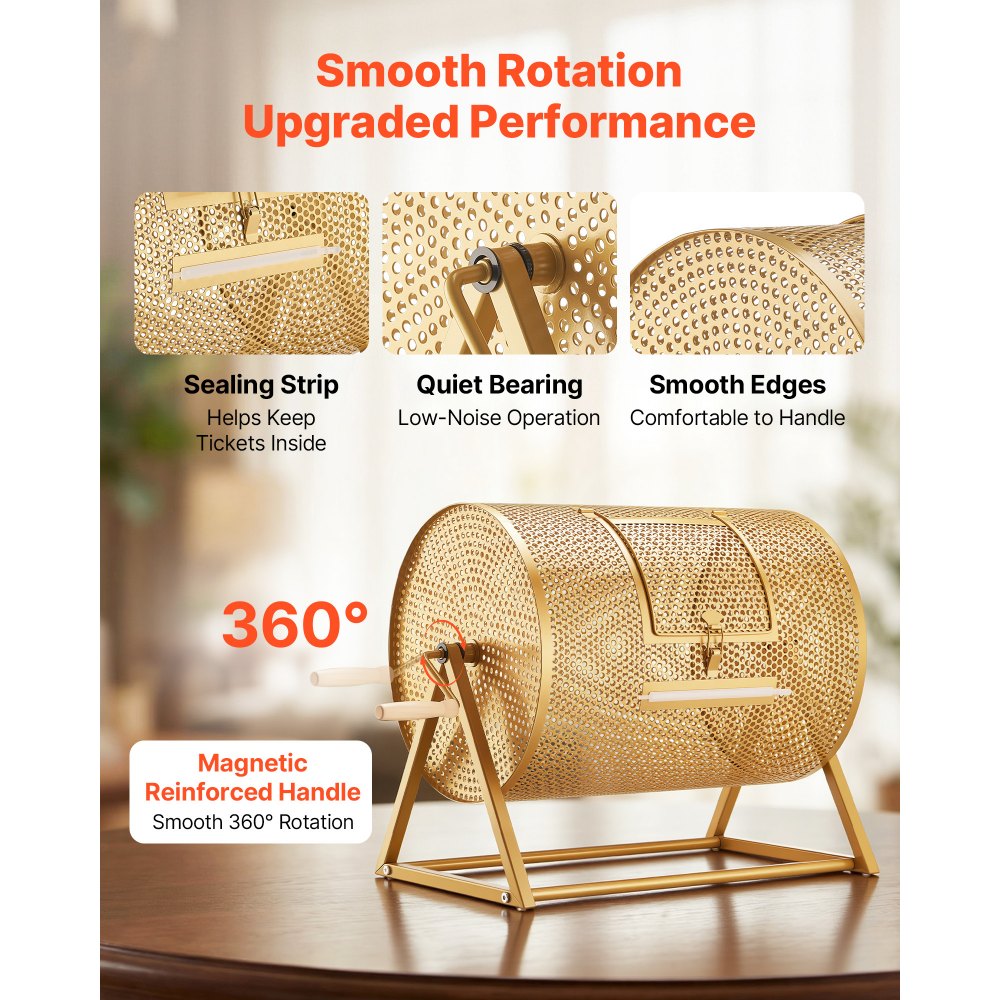 VEVOR Raffle Ticket Spinner, 16.1" x 11.9" Holds 5000 Tickets or 200 Ping Pong Balls, Raffle Drum Lottery Spinning Cage with Reinforced Handle, Stable Triangular Stand, for Events and Gatherings, Gold