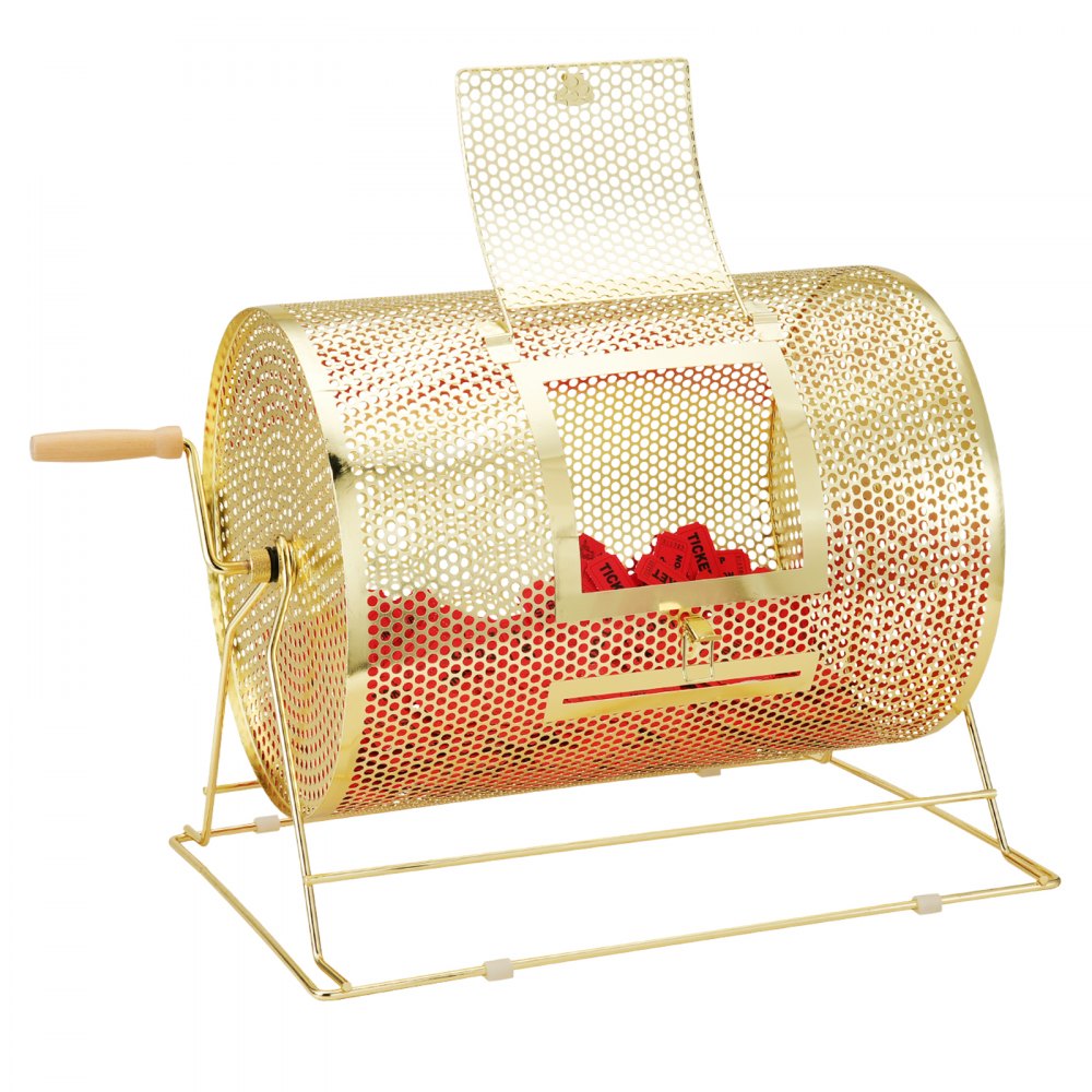VEVOR Raffle Drum, Holds 5000 Tickets or 200 Ping Pong Balls, Metal Lottery Spinning Drawing with Wooden Turning Handle,16.1 x Ø12 inch Brass Plated Raffle Ticket Spinning Cage, for Bingo Ballot Part