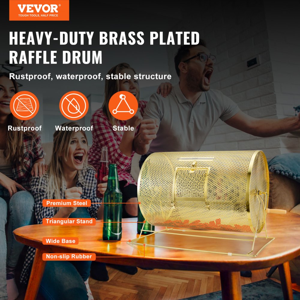 VEVOR Raffle Drum,Holds 10000 Tickets or 300 Ping Pong Balls, Metal Lottery Spinning Drawing with Wooden Turning Handle, 14.8 x Ø21.26 inch Brass Plated Raffle Ticket Spinning Cage, for Bingo Ballot
