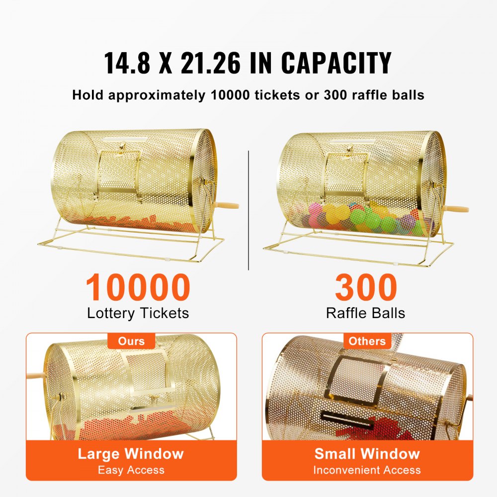 VEVOR Raffle Drum,Holds 10000 Tickets or 300 Ping Pong Balls, Metal Lottery Spinning Drawing with Wooden Turning Handle, 14.8 x Ø21.26 inch Brass Plated Raffle Ticket Spinning Cage, for Bingo Ballot