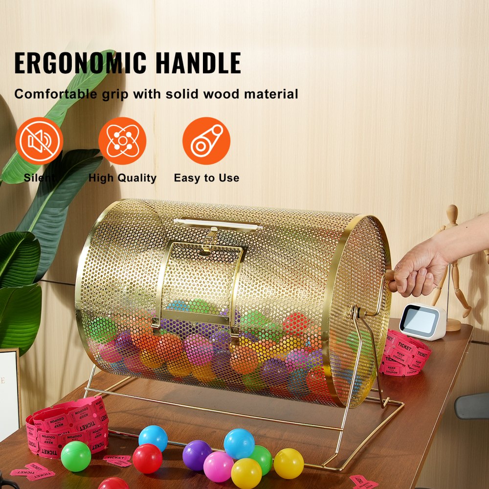 VEVOR Raffle Drum,Holds 10000 Tickets or 300 Ping Pong Balls, Metal Lottery Spinning Drawing with Wooden Turning Handle, 14.8 x Ø21.26 inch Brass Plated Raffle Ticket Spinning Cage, for Bingo Ballot