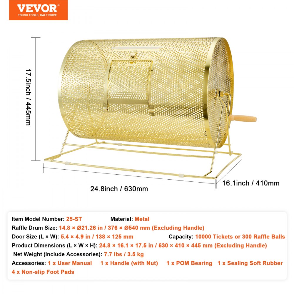 VEVOR Raffle Drum,Holds 10000 Tickets or 300 Ping Pong Balls, Metal Lottery Spinning Drawing with Wooden Turning Handle, 14.8 x Ø21.26 inch Brass Plated Raffle Ticket Spinning Cage, for Bingo Ballot