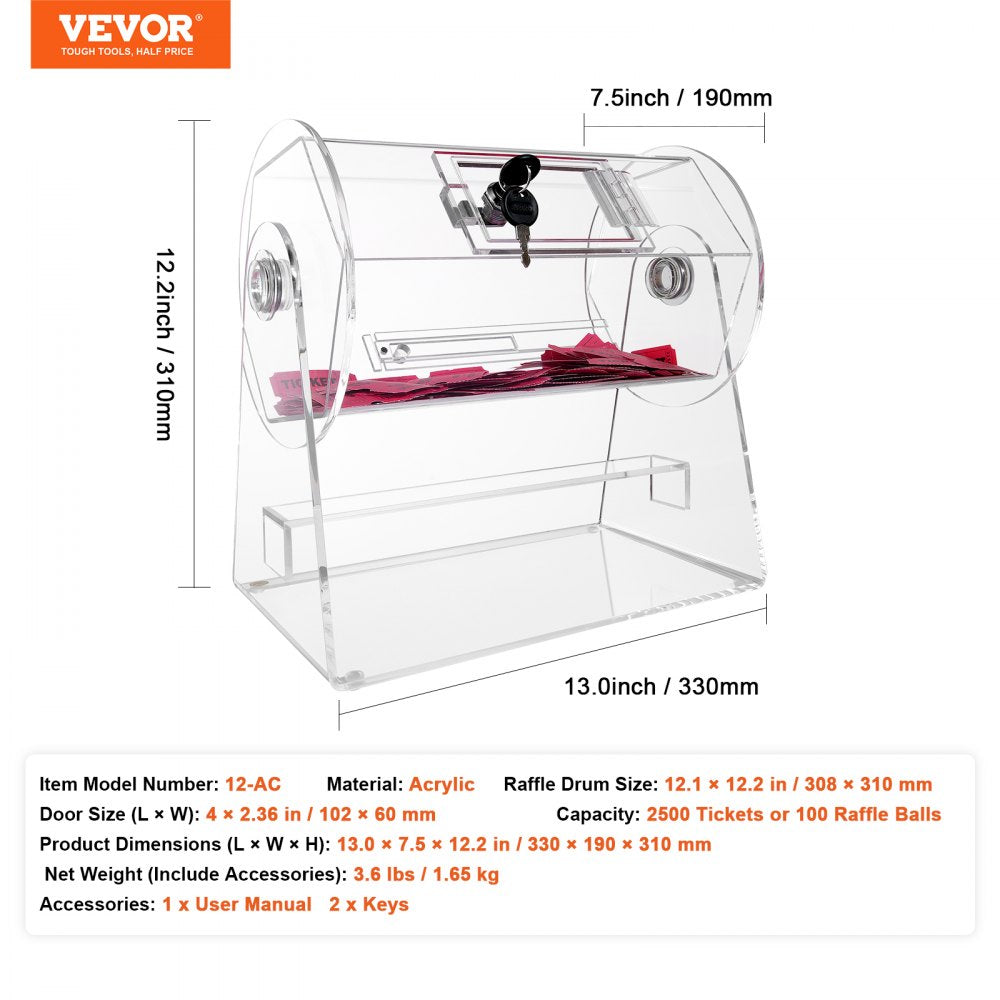 VEVOR Acrylic Raffle Drum, Professional Raffle Ticket Spinning Cage with 2 Keys, Transparent Lottery Spinning Drawing, Holds 2500 Tickets or 100 Raffle Balls,Raffle Ticket Box for Lottery Games Bingo