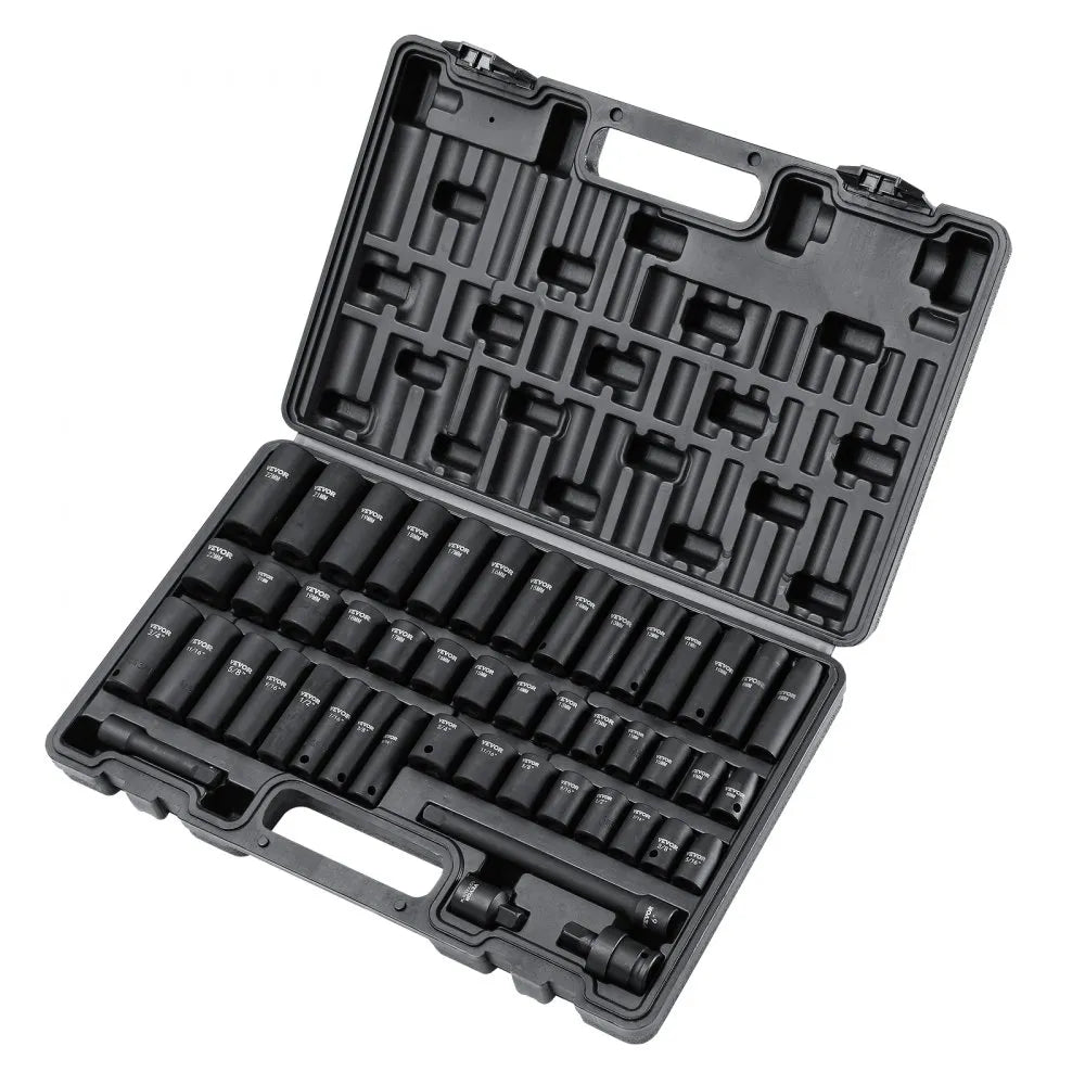 VEVOR 3/8" Drive Impact Socket Set, 48 Piece Socket Set SAE （5/16" -3/4"） & Metric （8-22mm）6 Point Cr-V Drive Extension Bar Universal Joint & Power Drill Adapter Includes Storage Case