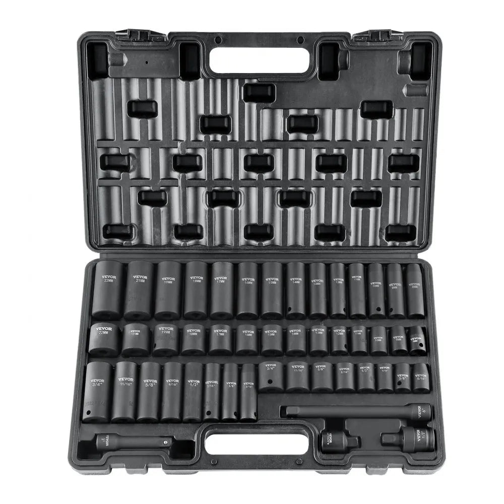 VEVOR 3/8" Drive Impact Socket Set, 48 Piece Socket Set SAE （5/16" -3/4"） & Metric （8-22mm）6 Point Cr-V Drive Extension Bar Universal Joint & Power Drill Adapter Includes Storage Case