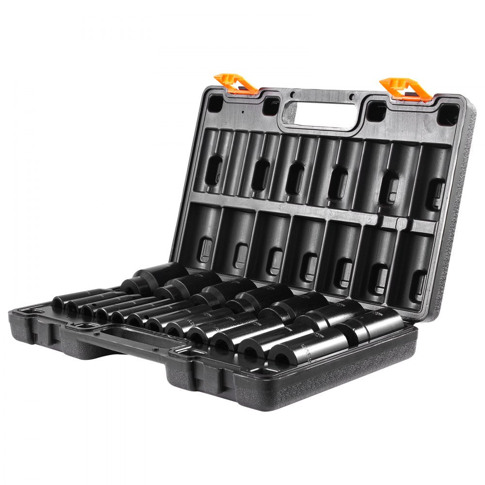 VEVOR Impact Socket Set, 1/2" 19 Piece Impact Sockets, Deep Socket, 6-Point Sockets, 1/2 Inches Drive Socket Set Impact 3/8 inch - 1-1/2 inch, Cr-V Rugged Construction, with a Storage Cage