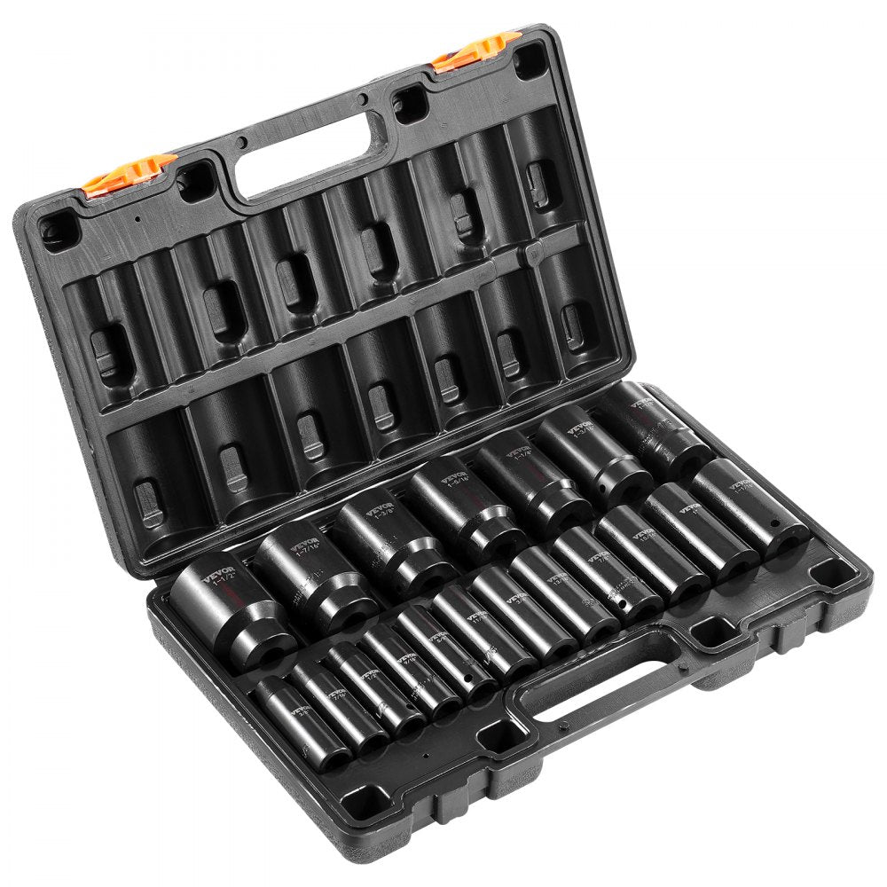 VEVOR Impact Socket Set, 1/2" 19 Piece Impact Sockets, Deep Socket, 6-Point Sockets, 1/2 Inches Drive Socket Set Impact 3/8 inch - 1-1/2 inch, Cr-V Rugged Construction, with a Storage Cage