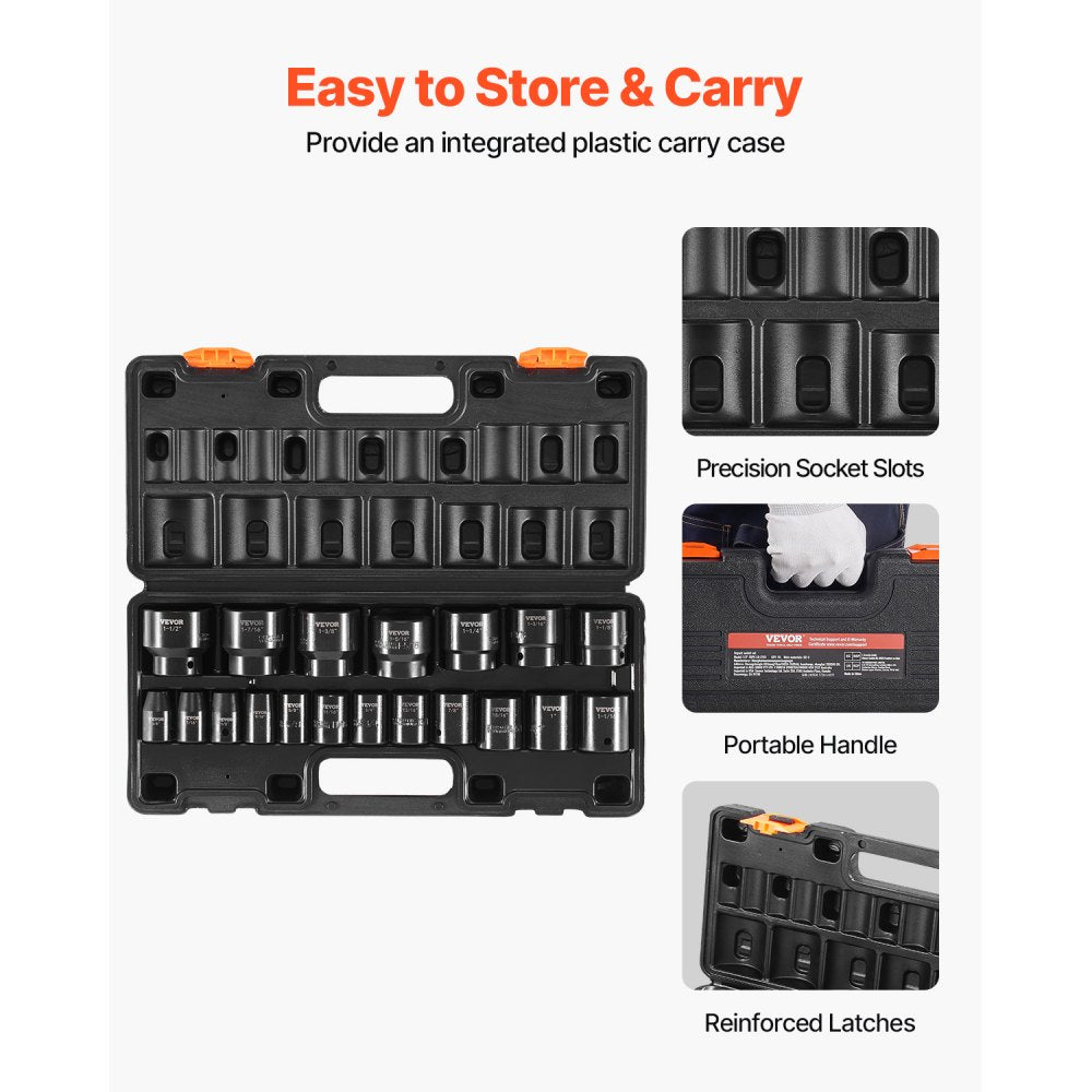 VEVOR Impact Socket Set 1/2 Inches 19 Piece Impact Sockets, Standard Socket Assortment, 1/2 Inches Drive Socket Set Impact Standard SAE (3/8 Inches to 1-1/2 Inches) 6-point Hex Sockets