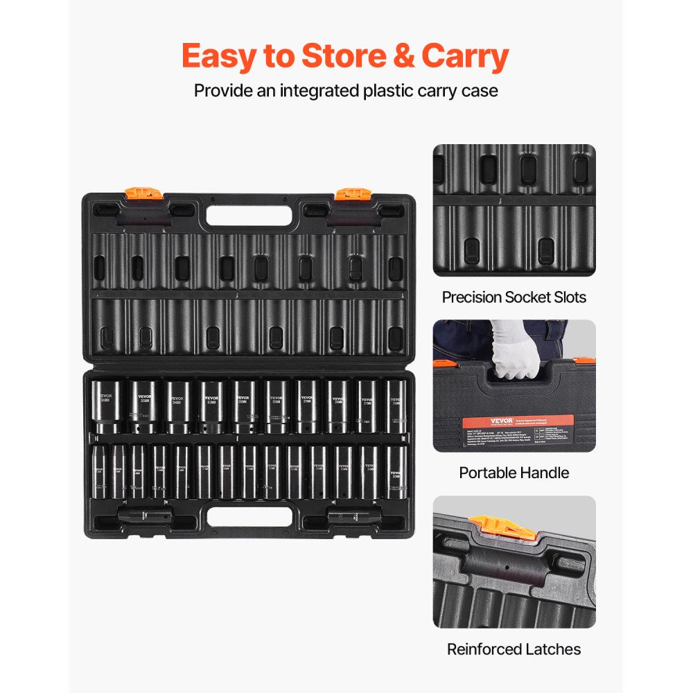VEVOR Impact Socket Set, 1/2" 26 Piece Impact Sockets, Deep Socket, 6-Point Sockets, 1/2 Inches Drive Socket Set Impact Metric 10mm - 36mm, Cr-V Rugged Construction, with a Storage Cage