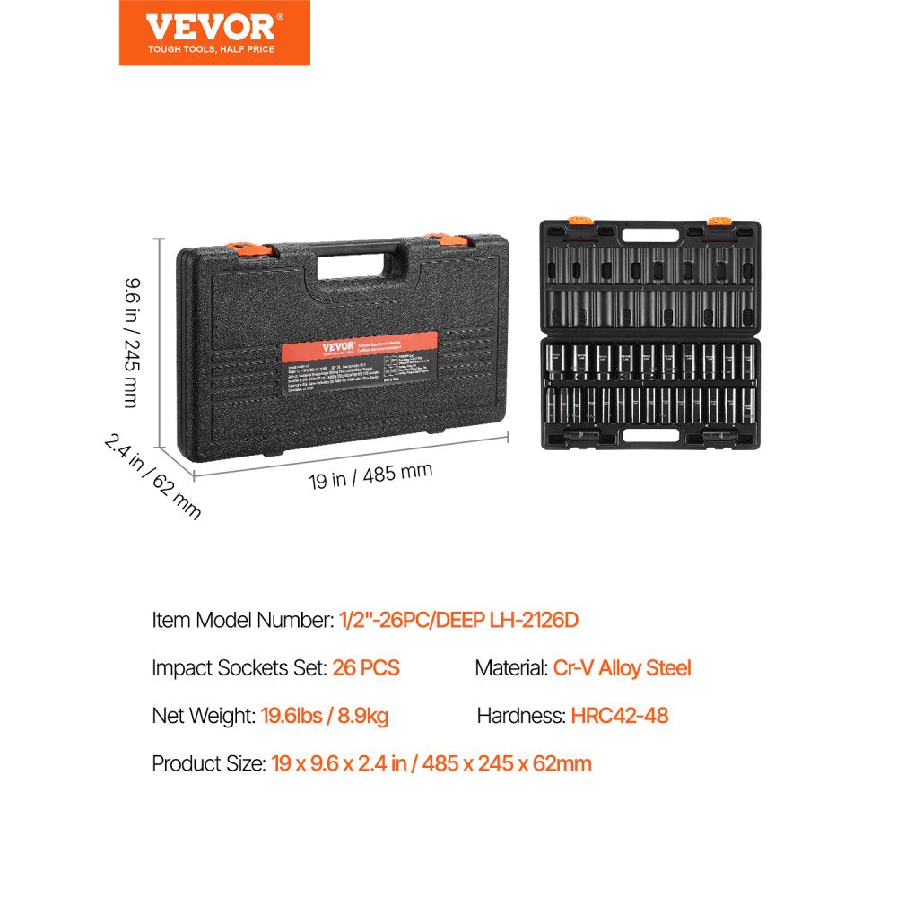 VEVOR Impact Socket Set, 1/2" 26 Piece Impact Sockets, Deep Socket, 6-Point Sockets, 1/2 Inches Drive Socket Set Impact Metric 10mm - 36mm, Cr-V Rugged Construction, with a Storage Cage