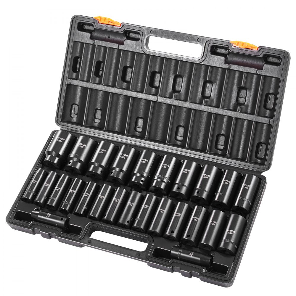 VEVOR Impact Socket Set, 1/2" 26 Piece Impact Sockets, Deep Socket, 6-Point Sockets, 1/2 Inches Drive Socket Set Impact Metric 10mm - 36mm, Cr-V Rugged Construction, with a Storage Cage
