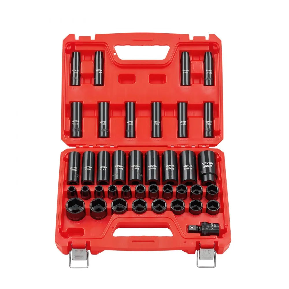 VEVOR 1/2 in Drive Impact Socket Set, 39 Piece, 6 Point Deep & Shallow Impact Sockets, Metric 9 to 30 mm, Cr-V Steel High Durability, with Universal Joint, Dual Size Markings, Heavy Duty Carrying Case