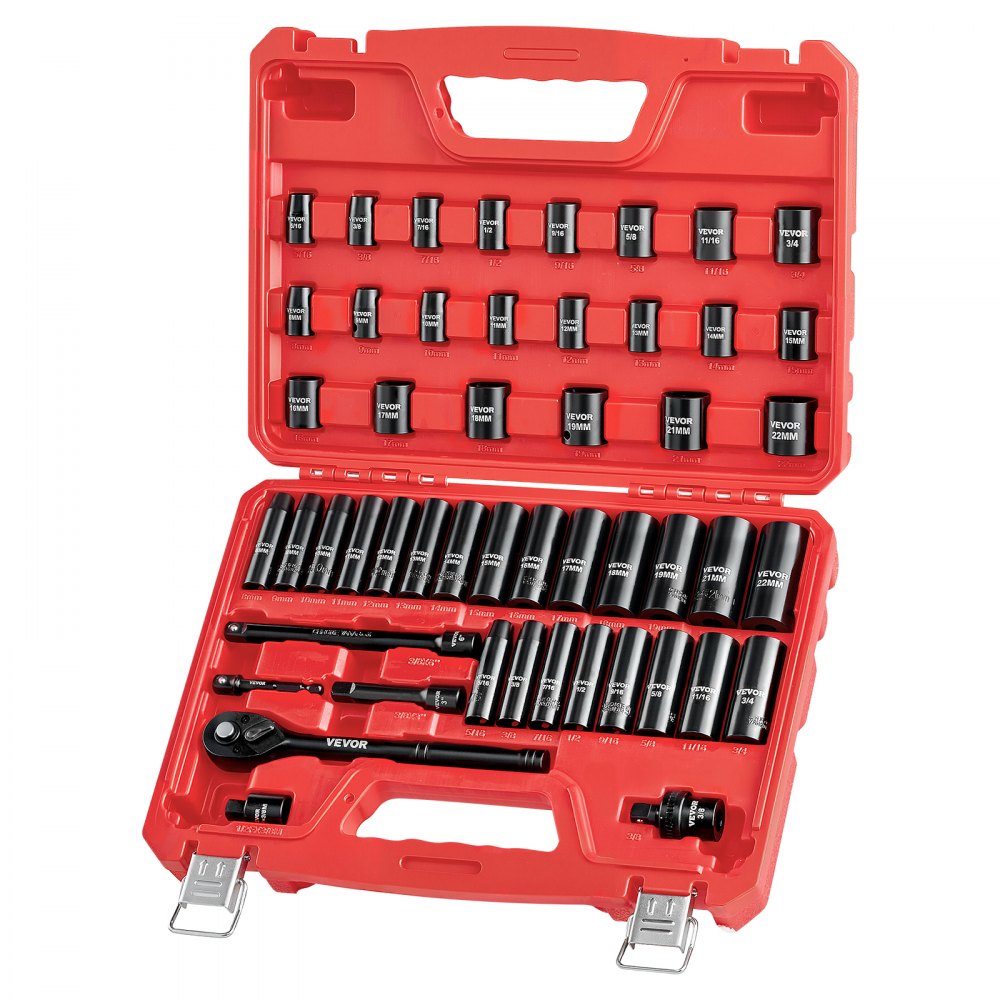 VEVOR 3/8 in Drive Impact Socket Set, 50 Piece, 6 Point Deep & Shallow Impact Sockets, SAE (5/16 in to 3/4 in) and Metric (8 to 22 mm) Sizes with 3 in & 6 in Extension Bars, Cr-V Steel, Carrying Case