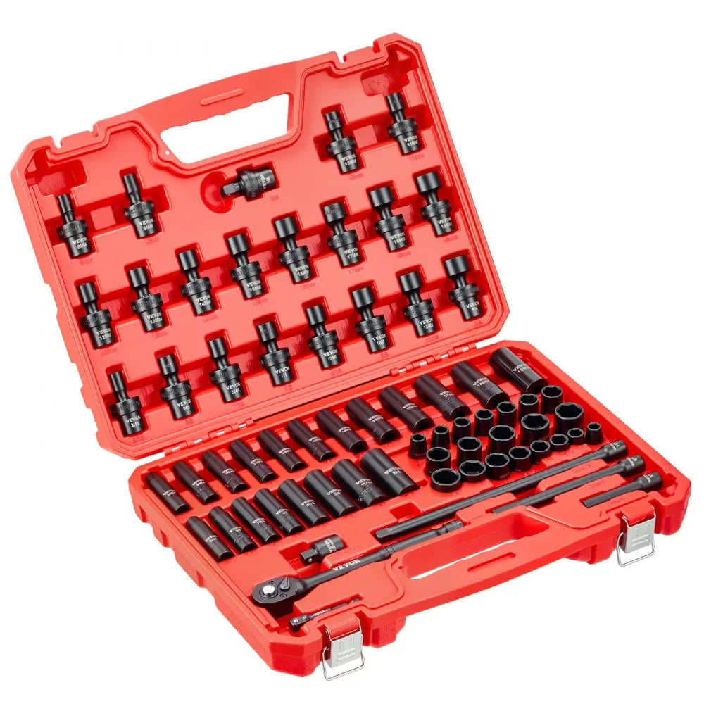 VEVOR 3/8 in Drive Impact Socket Set, 67 Piece, 6 Point Shallow & Deep Impact Sockets, SAE (5/16 in to 3/4 in) and Metric (8 mm to 19 mm), Swivel Sockets, Adapters, Cr-V & Cr-Mo Steel, Carrying Case