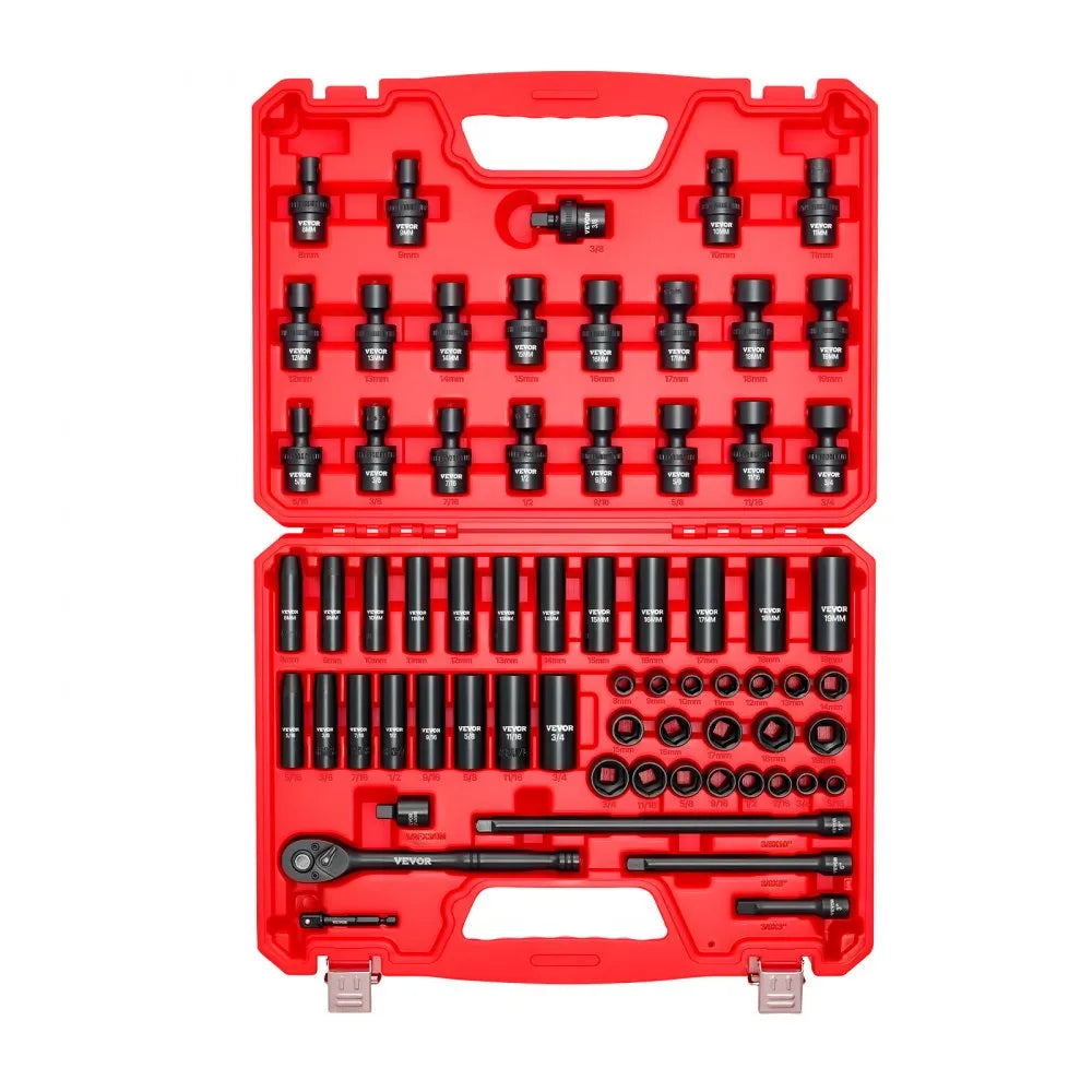 VEVOR 3/8 in Drive Impact Socket Set, 67 Piece, 6 Point Shallow & Deep Impact Sockets, SAE (5/16 in to 3/4 in) and Metric (8 mm to 19 mm), Swivel Sockets, Adapters, Cr-V & Cr-Mo Steel, Carrying Case