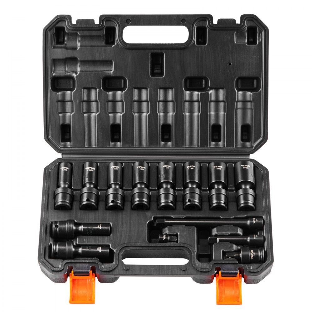 VEVOR 360 Degree Swivel Impact Socket Set, 3/8" Socket Set 14PCS Deep Universal Metric 10-19mm, 6 Point Cr-Mo Alloy Steel for Auto Repair, Easy-to-Read Size Markings, Rugged Construction, Storage Case