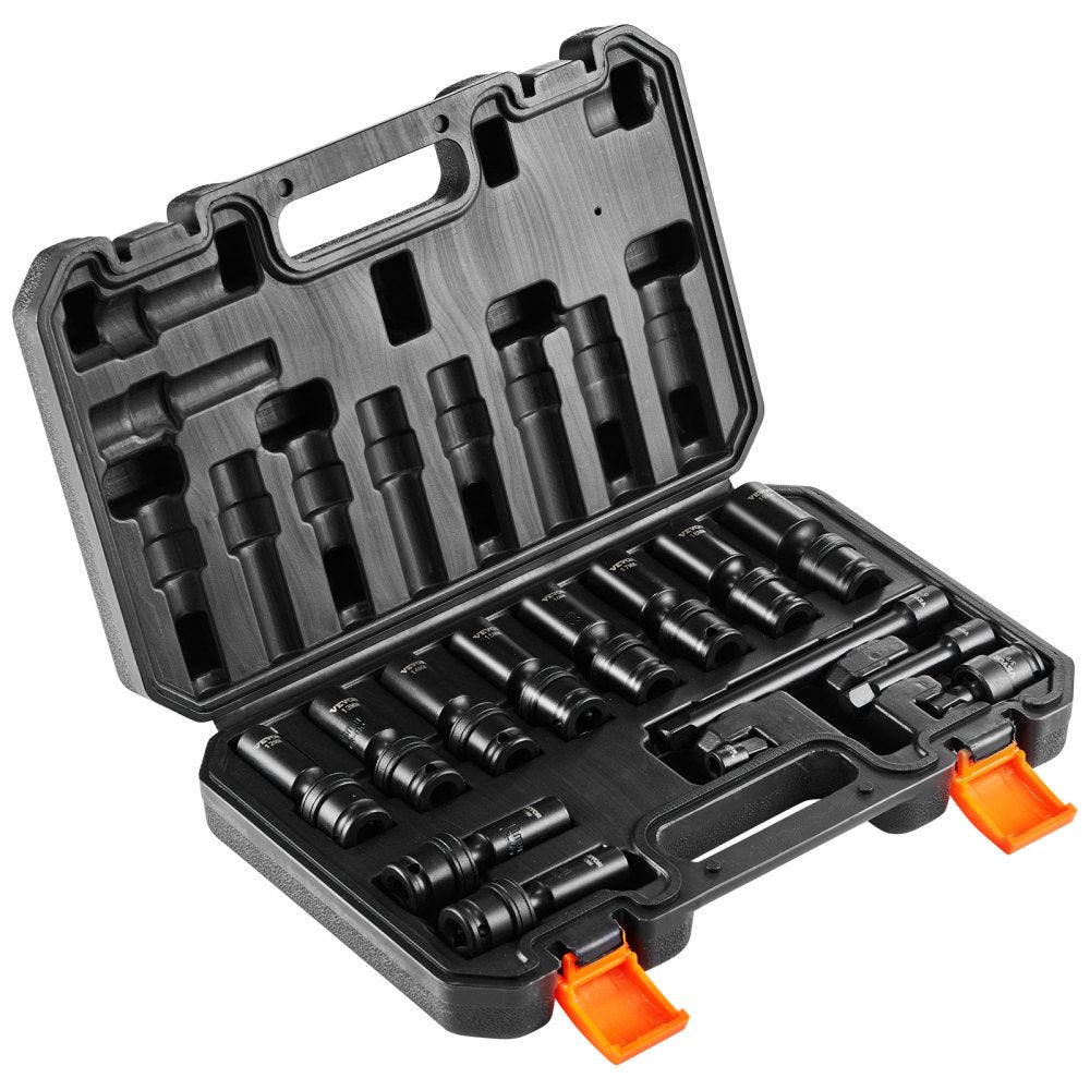 VEVOR 360 Degree Swivel Impact Socket Set, 3/8" Socket Set 14PCS Deep Universal Metric 10-19mm, 6 Point Cr-Mo Alloy Steel for Auto Repair, Easy-to-Read Size Markings, Rugged Construction, Storage Case