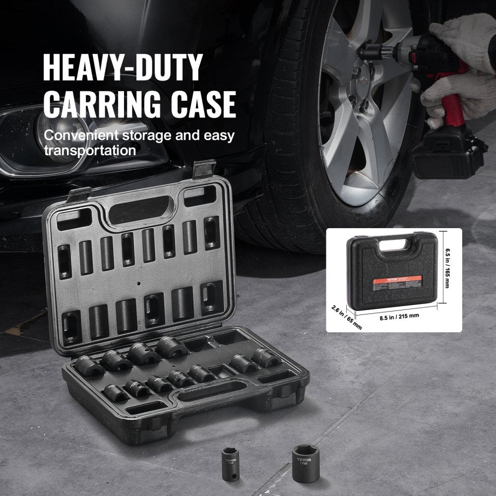 VEVOR 3/8" Drive Impact Socket Set, 14 Piece Shallow Socket Set Metric 7-20mm, 6 Point Cr-Mo Alloy Steel for Auto Repair, Easy-to-Read Size Markings, Rugged Construction, Includes Storage Case