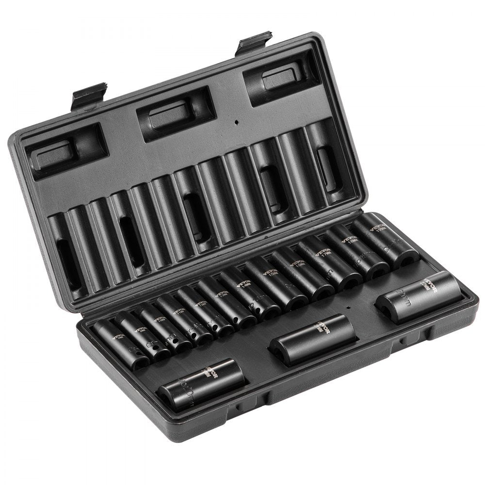 VEVOR 3/8" Drive Impact Socket Set, 15 Piece Deep Socket Set Metric 8-22mm, 6 Point Cr-Mo Alloy Steel for Auto Repair, Easy-to-Read Size Markings, Rugged Construction, Includes Storage Case