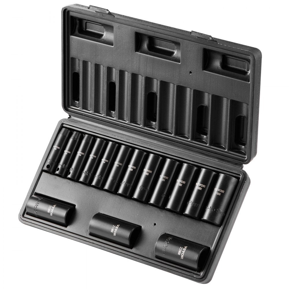 VEVOR 3/8" Drive Impact Socket Set, 15 Piece Deep Socket Set Metric 8-22mm, 6 Point Cr-Mo Alloy Steel for Auto Repair, Easy-to-Read Size Markings, Rugged Construction, Includes Storage Case