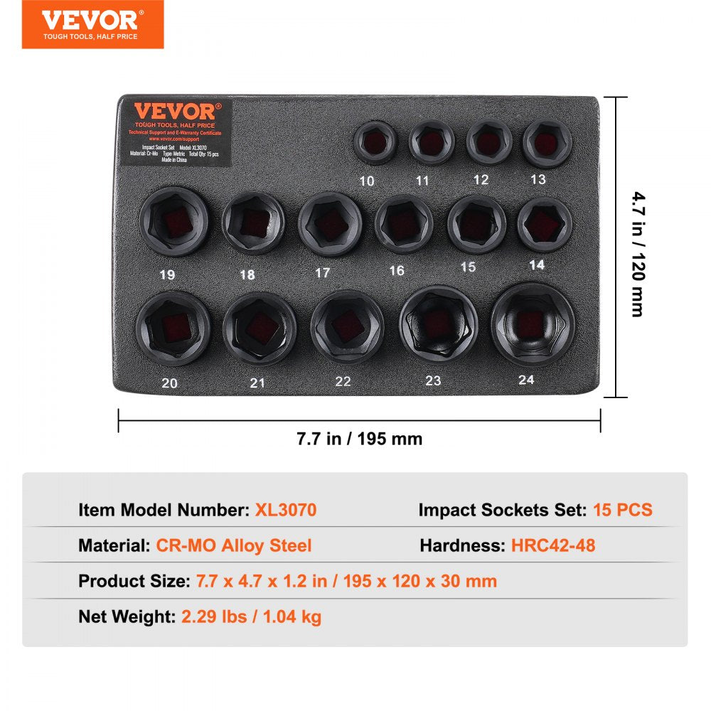 VEVOR Drive Impact Socket Set 3/8"  - 15 Piece Ultra-Short Socket Set Metric 10-24mm - 6 Point Cr-Mo Alloy Steel for Auto Repair - Easy-to-Read Size Markings - Rugged Construction Socket Organizer
