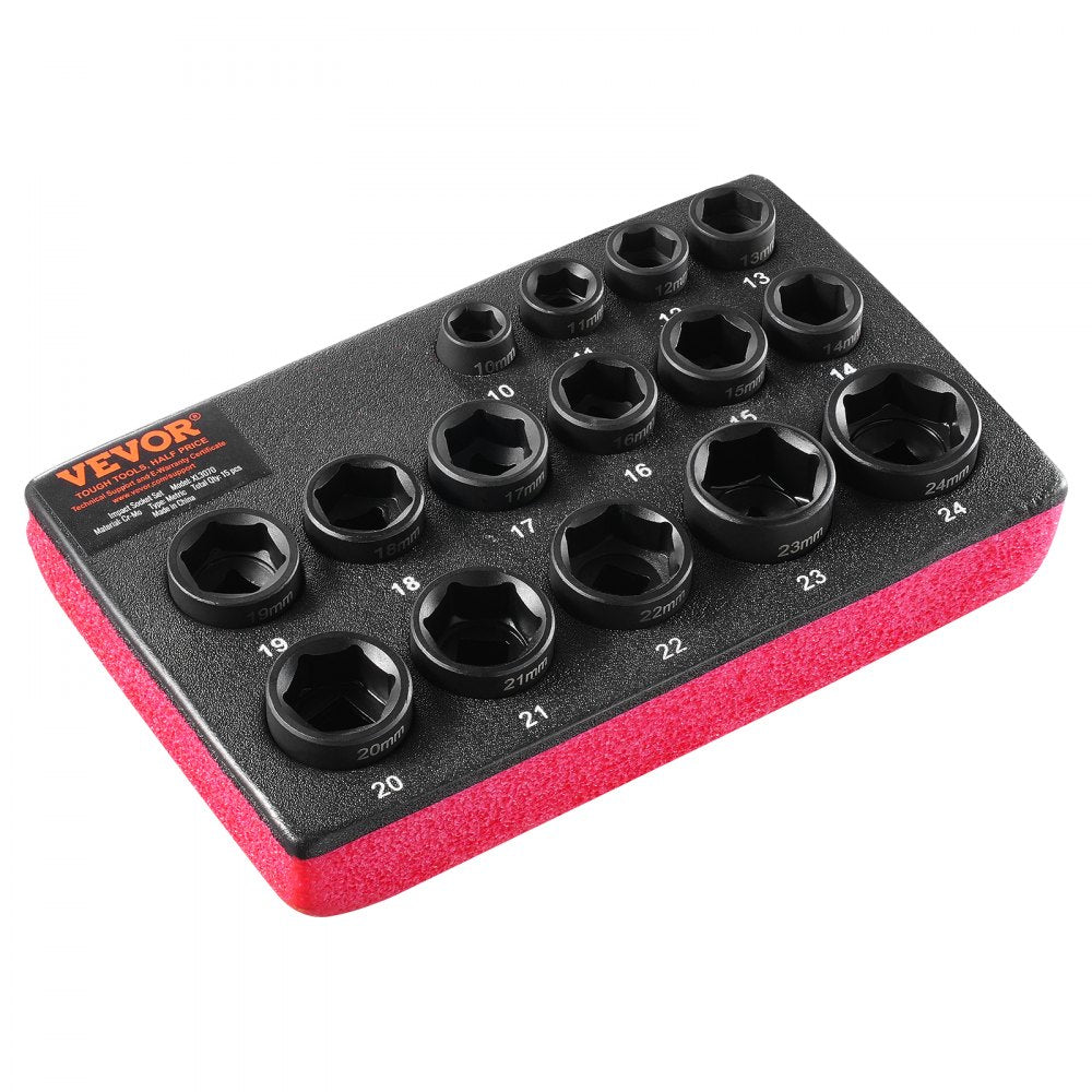 VEVOR Drive Impact Socket Set 3/8"  - 15 Piece Ultra-Short Socket Set Metric 10-24mm - 6 Point Cr-Mo Alloy Steel for Auto Repair - Easy-to-Read Size Markings - Rugged Construction Socket Organizer