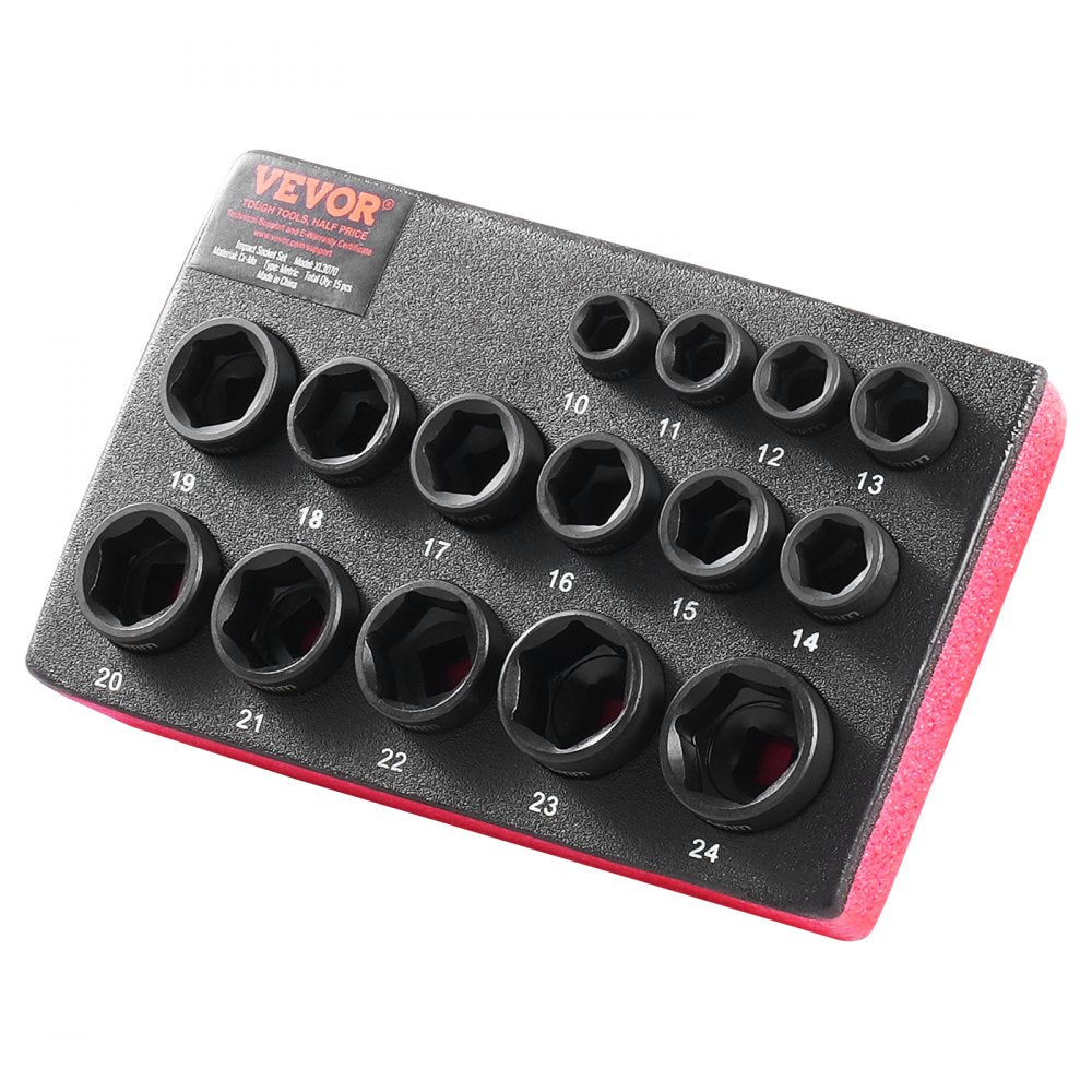 VEVOR Drive Impact Socket Set 3/8"  - 15 Piece Ultra-Short Socket Set Metric 10-24mm - 6 Point Cr-Mo Alloy Steel for Auto Repair - Easy-to-Read Size Markings - Rugged Construction Socket Organizer