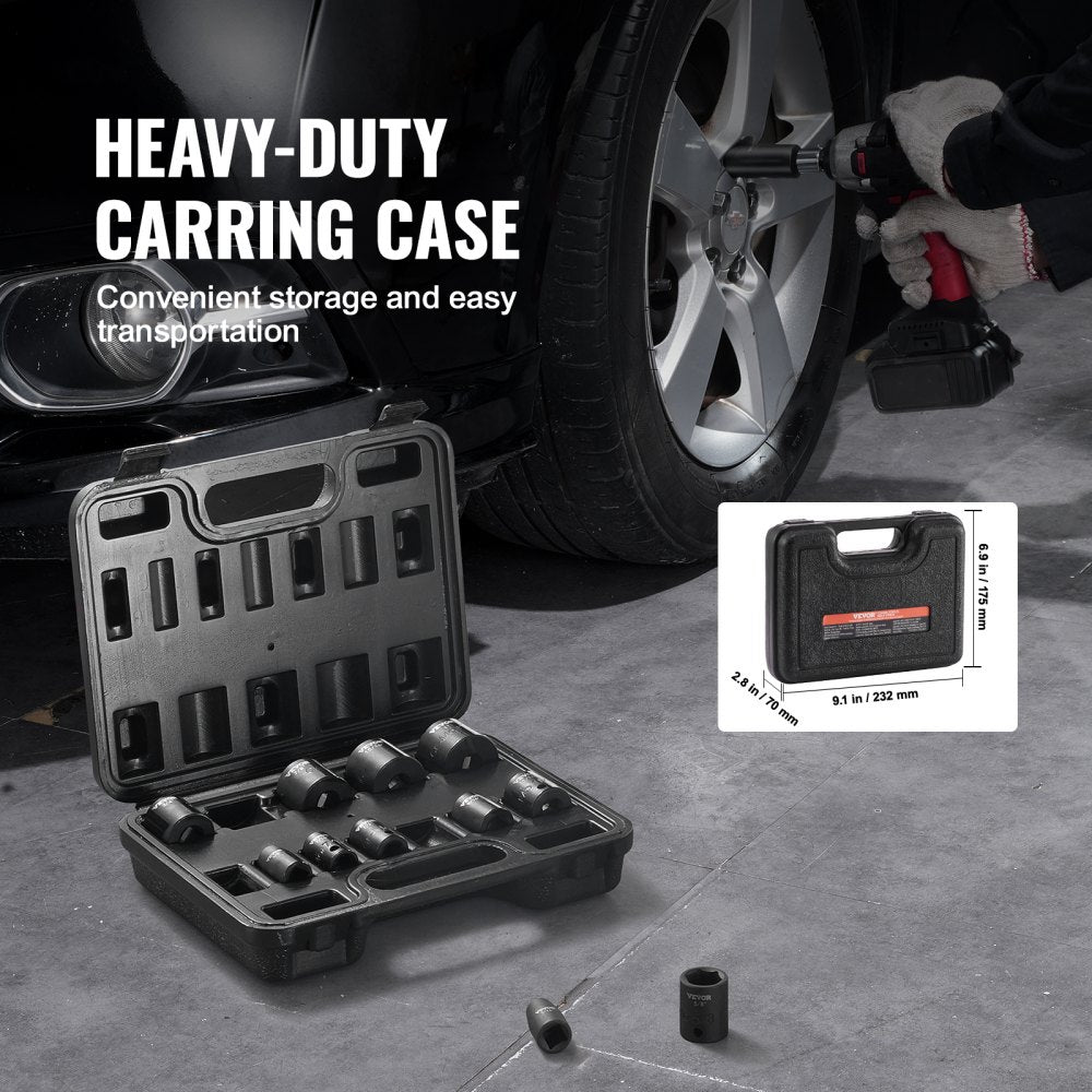 VEVOR 3/8" Drive Impact Socket Set, 12 Piece Shallow Socket Set SAE 5/16"-1", 6 Point Cr-Mo Alloy Steel for Auto Repair, Easy-to-Read Size Markings, Rugged Construction, Includes Storage Case