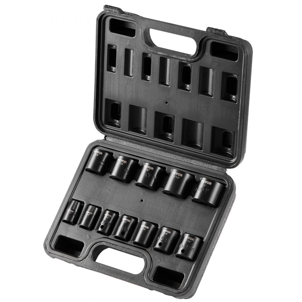 VEVOR 3/8" Drive Impact Socket Set, 12 Piece Shallow Socket Set SAE 5/16"-1", 6 Point Cr-Mo Alloy Steel for Auto Repair, Easy-to-Read Size Markings, Rugged Construction, Includes Storage Case