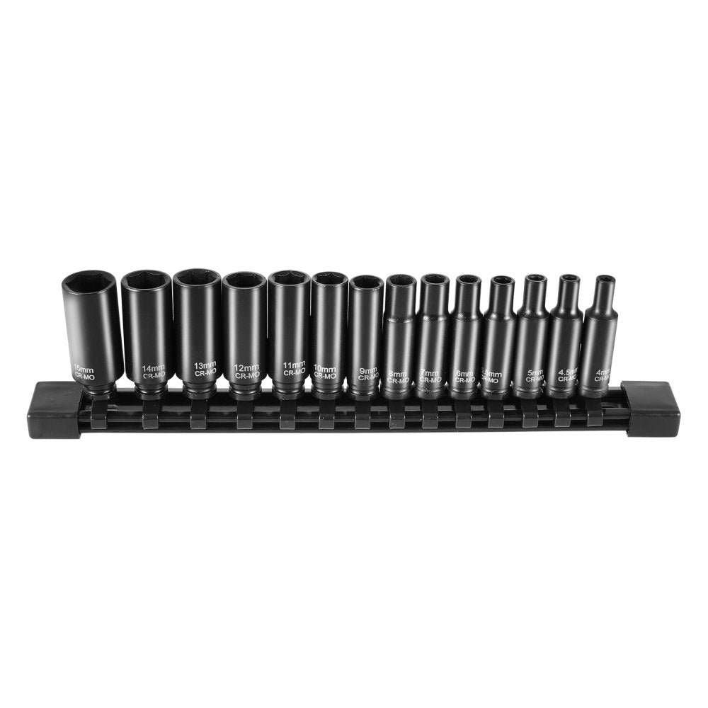 VEVOR 1/4" Drive Impact Socket Set, 14 Piece Deep Socket Set Metric 4-15mm, 6 Point Cr-Mo Alloy Steel for Auto Repair, Easy-to-Read Size Markings, Rugged Construction, Socket Organizer