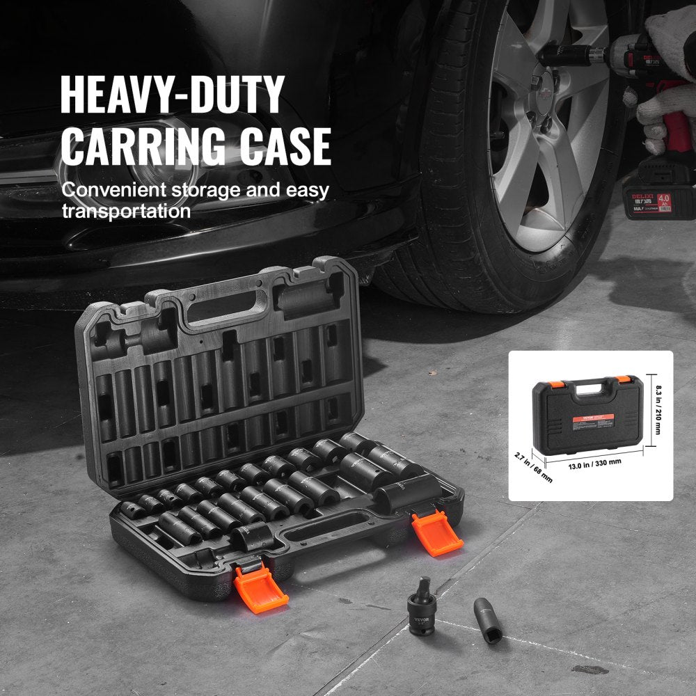 VEVOR 3/8" Drive Impact Socket Set, 25 Piece Deep & Shallow Socket Set SAE 5/16" - 1", 6 Point Cr-Mo Alloy Steel for Auto Repair, Easy-to-Read Size Markings, Rugged Construction, Includes Storage Case