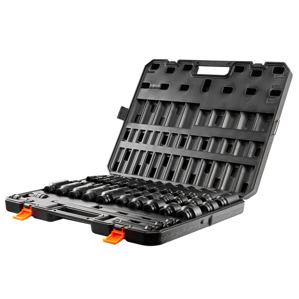 VEVOR 1/2" Drive Impact Socket Set, 43 Piece Deep & Shallow Socket Set SAE 3/8" to 1-1/2", 6 Point Cr-Mo Alloy Steel for Auto Repair, Easy-to-Read Size Markings, Rugged Construction, Storage Case