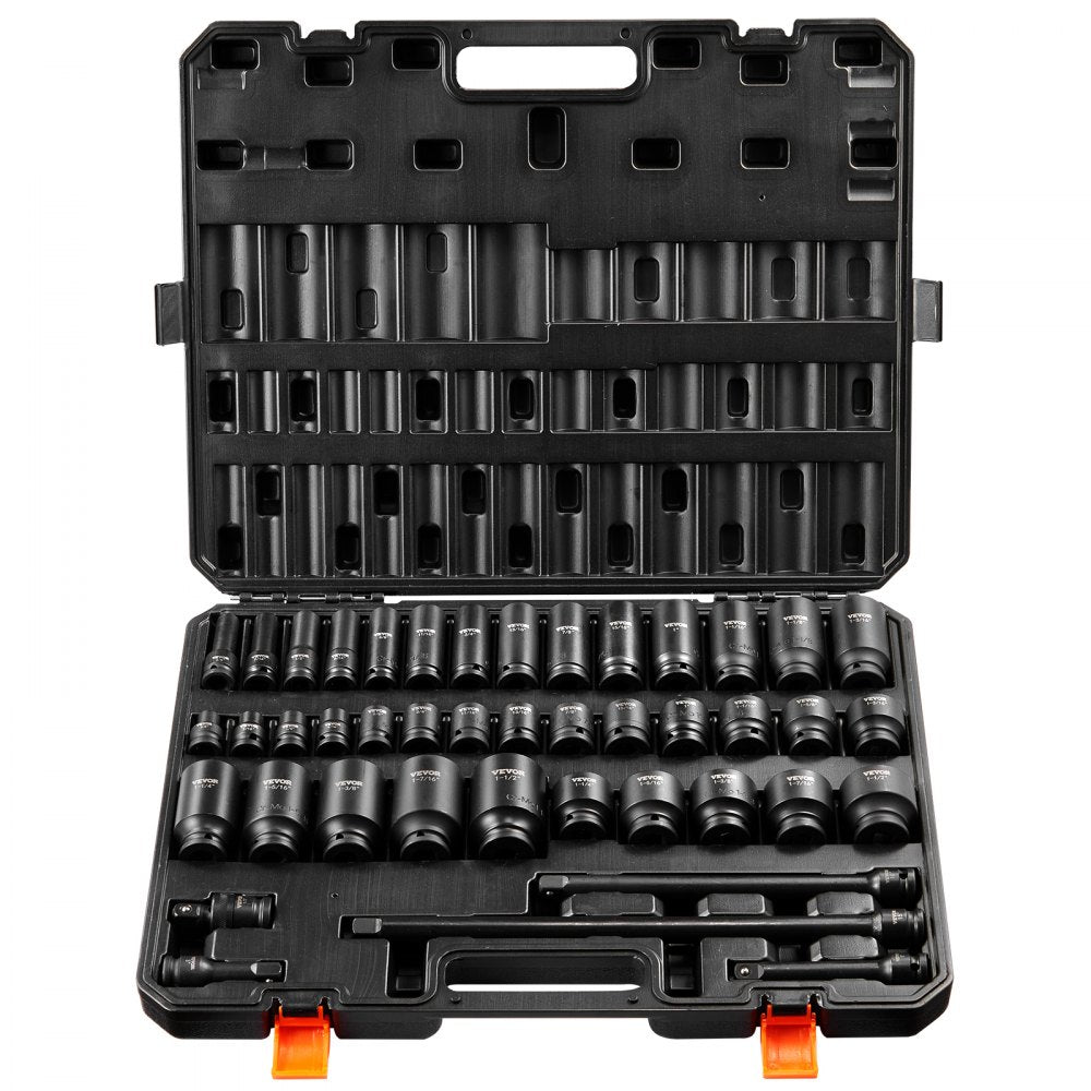 VEVOR 1/2" Drive Impact Socket Set, 43 Piece Deep & Shallow Socket Set SAE 3/8" to 1-1/2", 6 Point Cr-Mo Alloy Steel for Auto Repair, Easy-to-Read Size Markings, Rugged Construction, Storage Case