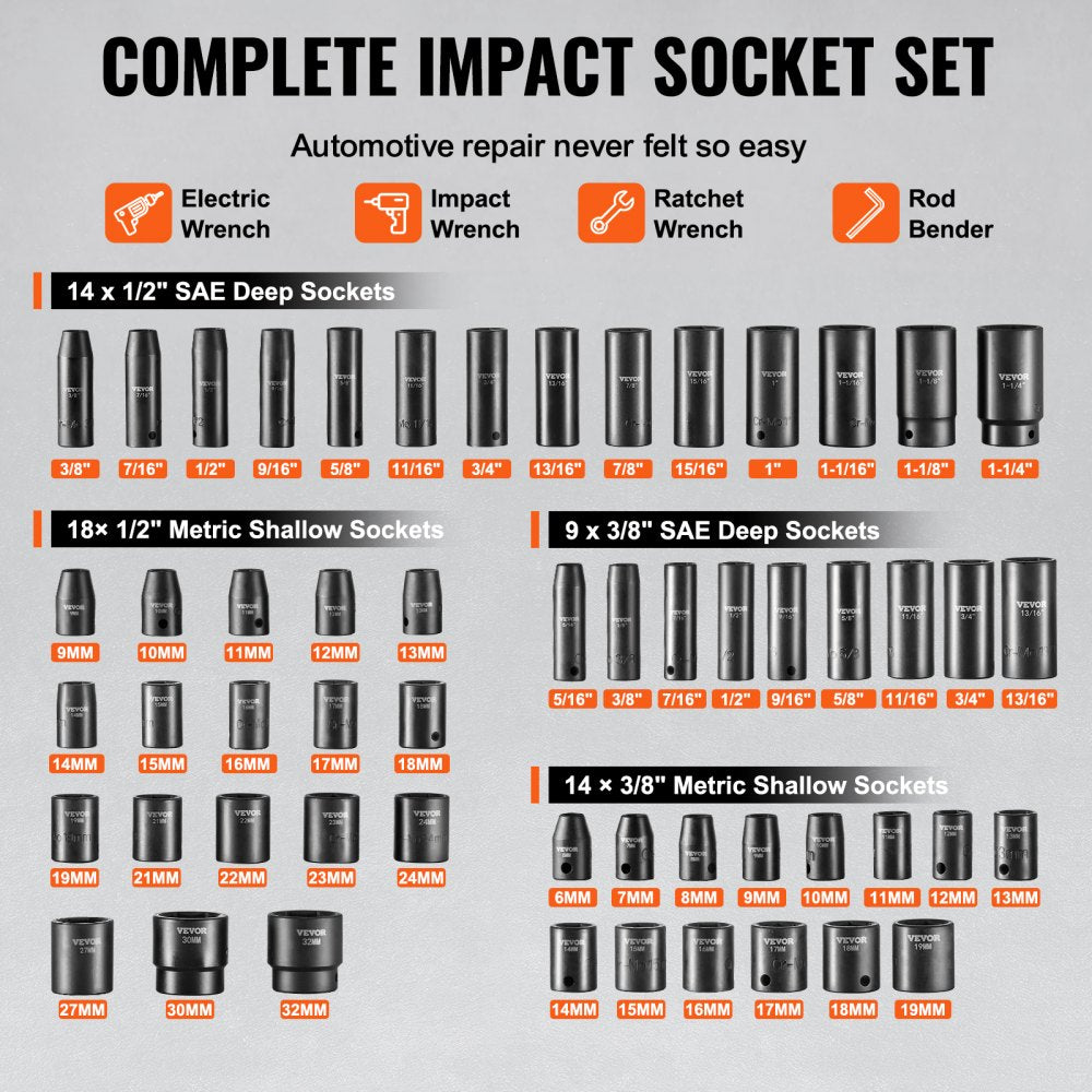 VEVOR 3/8" & 1/2" Drive Impact Socket Set, 59PCS Socket Set SAE 5/16" to 1-1/4" and Metric 6-32mm, 6 Point Cr-Mo Alloy Steel for Auto Repair, Easy-to-Read Markings, Rugged Construction, Storage Case