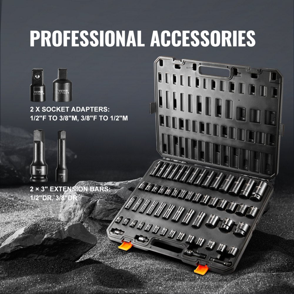 VEVOR 3/8" & 1/2" Drive Impact Socket Set, 59PCS Socket Set SAE 5/16" to 1-1/4" and Metric 6-32mm, 6 Point Cr-Mo Alloy Steel for Auto Repair, Easy-to-Read Markings, Rugged Construction, Storage Case