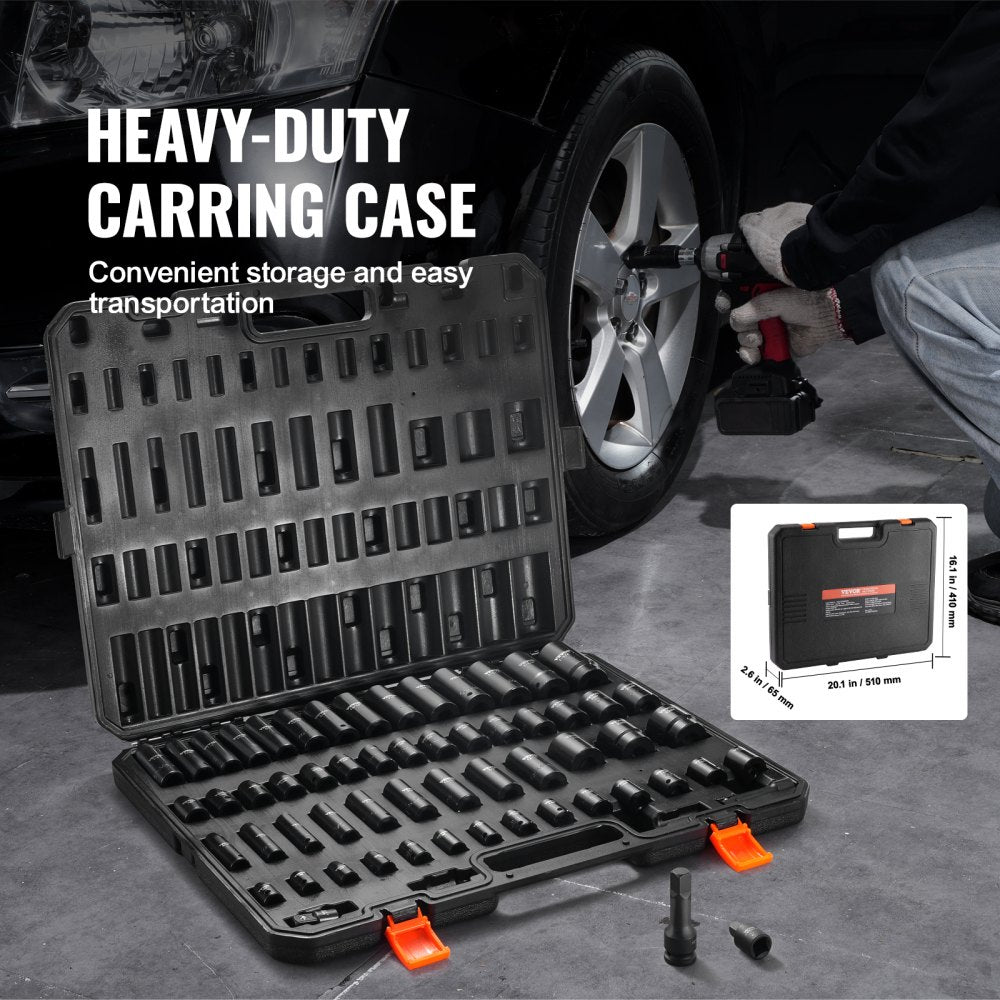 VEVOR 3/8" & 1/2" Drive Impact Socket Set, 59PCS Socket Set SAE 5/16" to 1-1/4" and Metric 6-32mm, 6 Point Cr-Mo Alloy Steel for Auto Repair, Easy-to-Read Markings, Rugged Construction, Storage Case