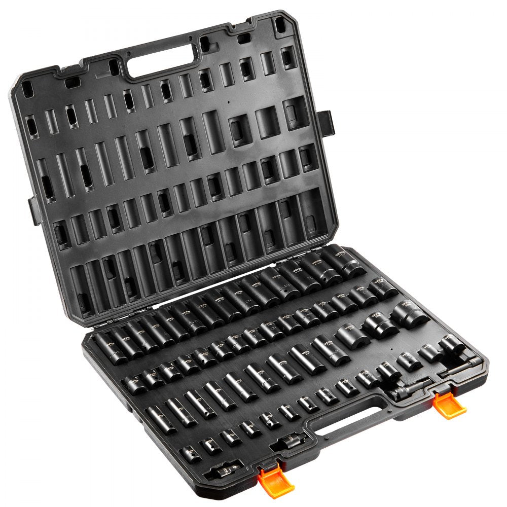 VEVOR 3/8" & 1/2" Drive Impact Socket Set, 59PCS Socket Set SAE 5/16" to 1-1/4" and Metric 6-32mm, 6 Point Cr-Mo Alloy Steel for Auto Repair, Easy-to-Read Markings, Rugged Construction, Storage Case