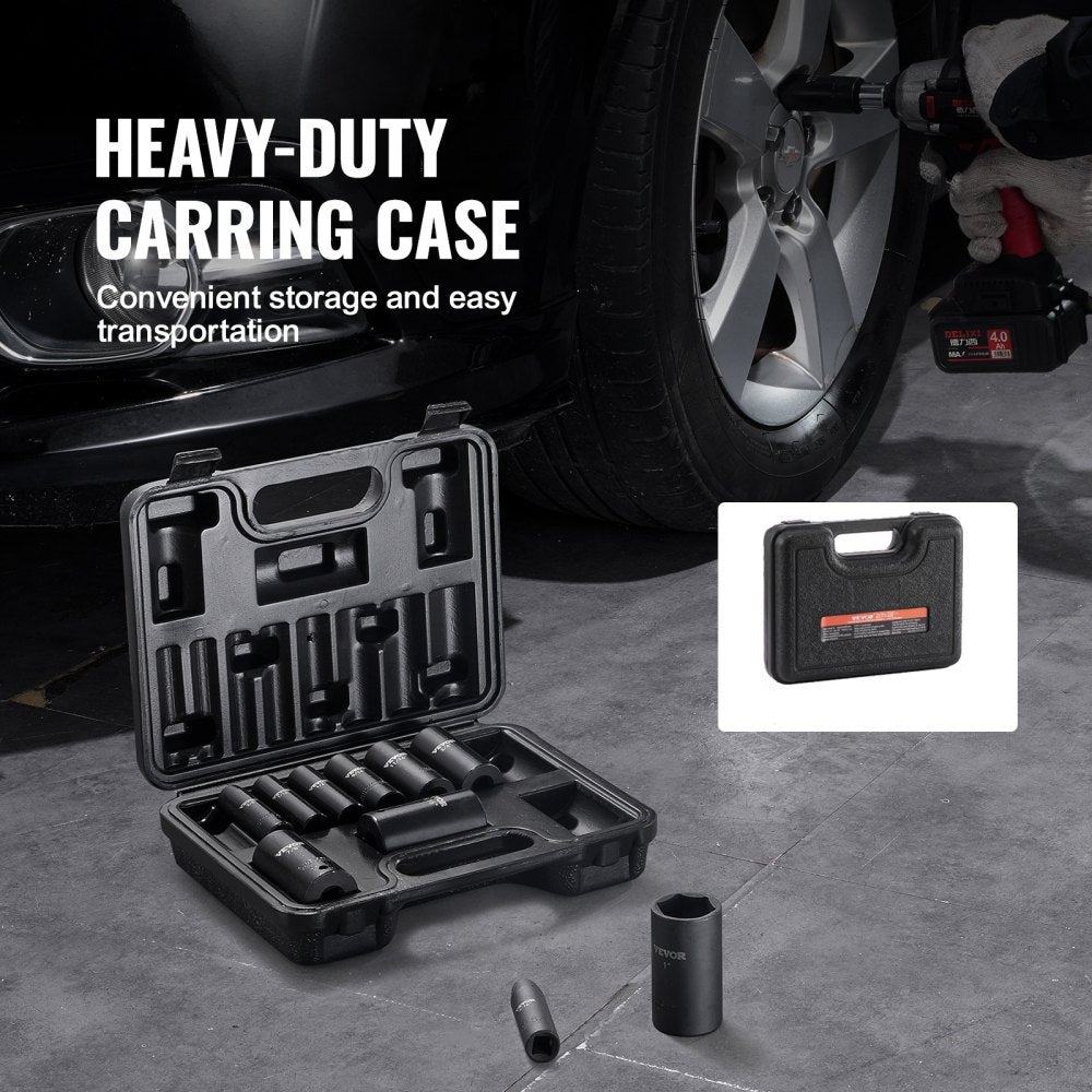 VEVOR 3/8" Drive Impact Socket Set, 11 Piece Deep Socket Set SAE 5/16"-1", 6 Point CR-V Alloy Steel for Auto Repair, Easy-to-Read Size Markings, Rugged Construction, Includes Storage Case