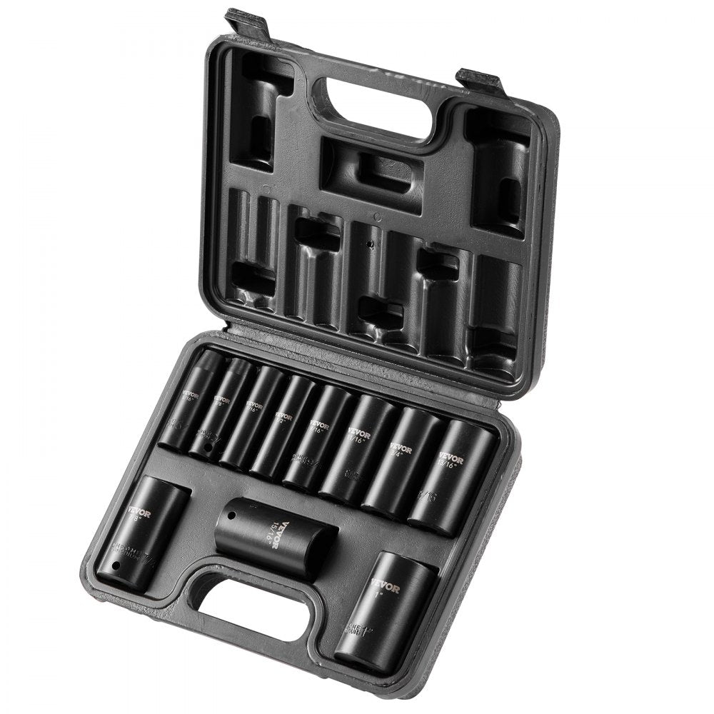 VEVOR 3/8" Drive Impact Socket Set, 11 Piece Deep Socket Set SAE 5/16"-1", 6 Point CR-V Alloy Steel for Auto Repair, Easy-to-Read Size Markings, Rugged Construction, Includes Storage Case